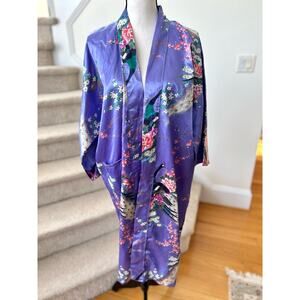 Vintage Purple Satin Peacock & Pink Lotus Open Kimono Robe